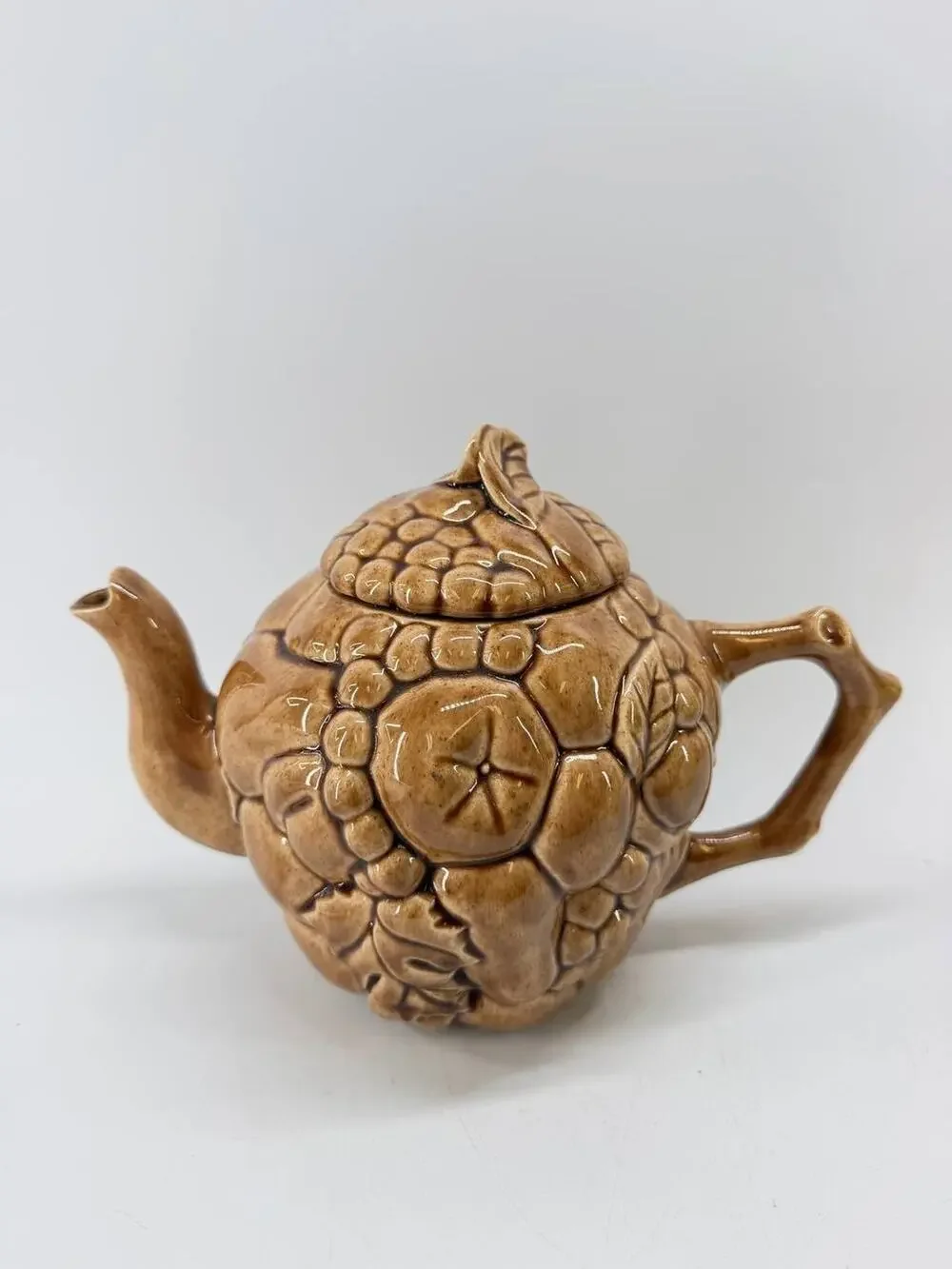 Vintage Brown Fruit Relief Ceramic Teapot Handcrafted Rustic Kitchen Decor